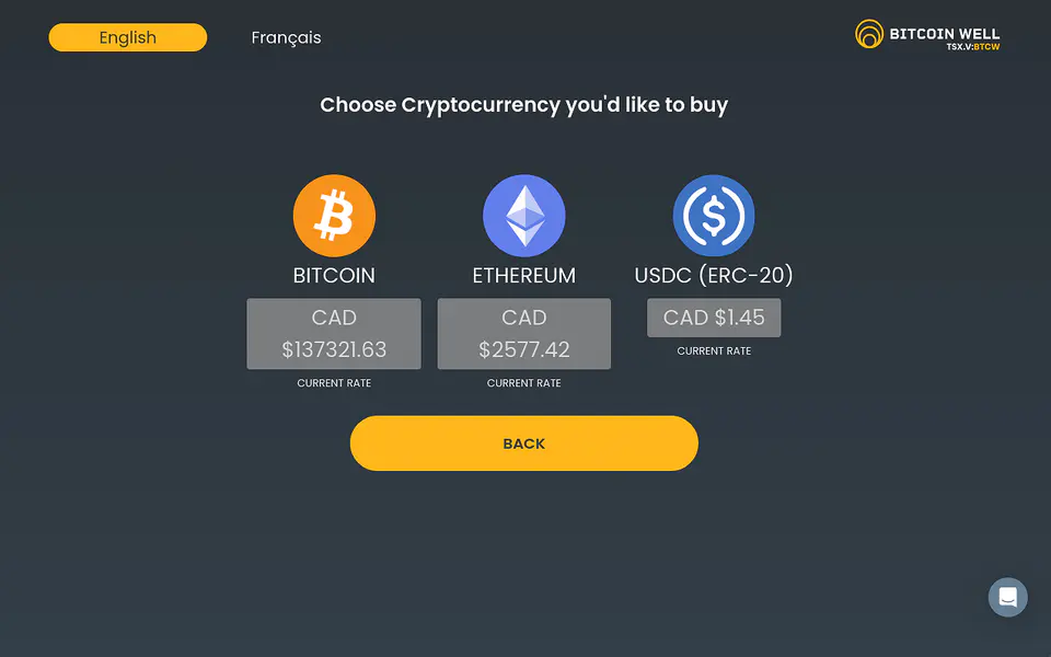 Bitcoin ATM screen showing cryptocurrency options including Bitcoin